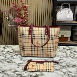 BURBERRY NOVA CHECK TOTE WITH POUCH AND DUST BAG (MAROON) 1277 (S22)